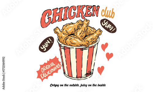 Vintage artwork of a bucket of fried chicken. Retro Chicken Club illustration for fast food restaurant, t shirt print