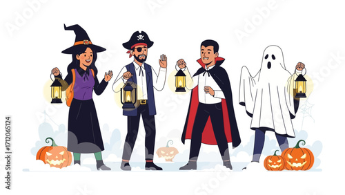 Halloween Crew Gathering with Lanterns: A whimsical tableau unfolds as a gathering of enchanting figures—a witch, a pirate, a vampire, and a ghost—hold aloft glowing lanterns.