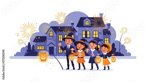 Spooky Night Adventure: A cartoon illustration of a family happily trick-or-treating on a festive Halloween night, full of bright colours. The scene evokes joy, laughter, and childhood wonder. 