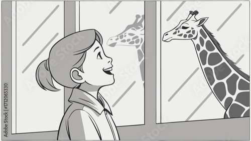 A Childs Amazement Observing a Giraffe Through Glass Black and White Illustration.