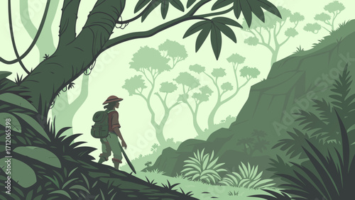 A hiker exploring a lush green jungle walking on a trail among dense vegetation and rocky terrain.