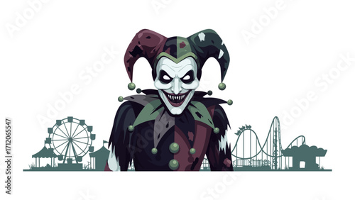 Joker in Amusement Park: A sinister jester grins wickedly against an amusement park skyline, the vibrant funfair a stark contrast to his chilling presence. 