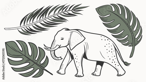 Wallpaper Mural African Elephant with Tropical Leaves Illustration Jungle Animal Design Safari Theme Wildlife Art Nature Print Exotic Animal Graphic Vector Illustration Botanical Design Palm Leaves Mons. Torontodigital.ca