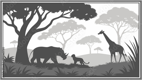 African Safari Animals Silhouette Illustration Grayscale Wildlife Scene Big Five Vector Art.