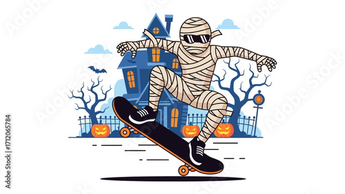Halloween Skateboarding: A playful illustration featuring a mummy skateboarding in front of a haunted house, showcasing the spirit of Halloween.