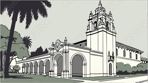Architectural illustration classic building colonnade arches tower palm trees vintage style elegant design historical structure Mediterranean architecture building exterior illustratio.