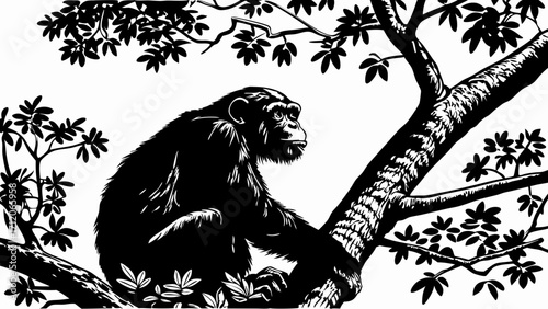 Black and white illustration of an ape sitting in a tree.