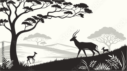 Black and white silhouette illustration of antelope family in African savanna landscape wildlife nature scene artistic vector graphic.