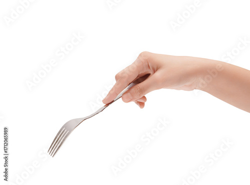 Hand holding a shiny silver fork, ready to eat, isolated