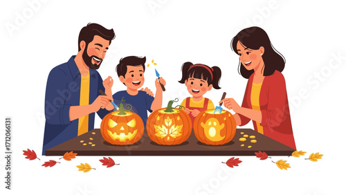 A Family Carving Pumpkins: A family gathers together to carve pumpkins. Capturing the spirit of Halloween with warmth, creativity, and cherished moments. 