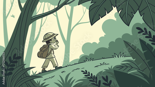 Cartoon illustration of a child exploring a lush jungle environment.