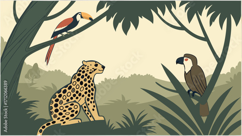 Cheetah Toucan and Parrot in Jungle Setting Wildlife Illustration.