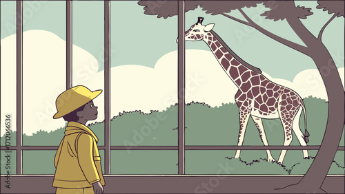 Child looking at giraffe through a window wildlife illustration zoo animal tall animal African animal vector art kid watching giraffe child observing animal nature scene jungle animal s.