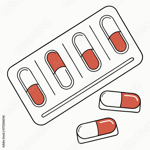 A blister pack of red and white capsules with loose pills scattered nearby on a white background