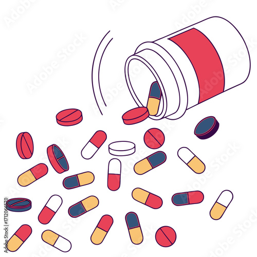 A bottle of red and white pills spills out a variety of colorful capsules and tablets onto a white background