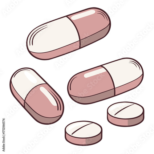 A collection of pink and white capsule and tablet pills scattered on a white background