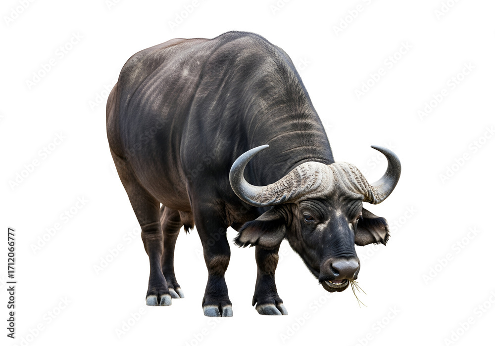 Obraz premium A powerful, dark-gray African buffalo stands against a stark black background, its large horns prominent and its head slightly lowered as if grazing.
