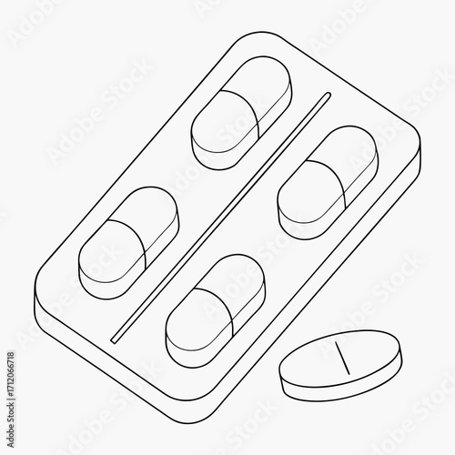 Clean line art illustration of a blister pack containing four oval pills and one loose pill