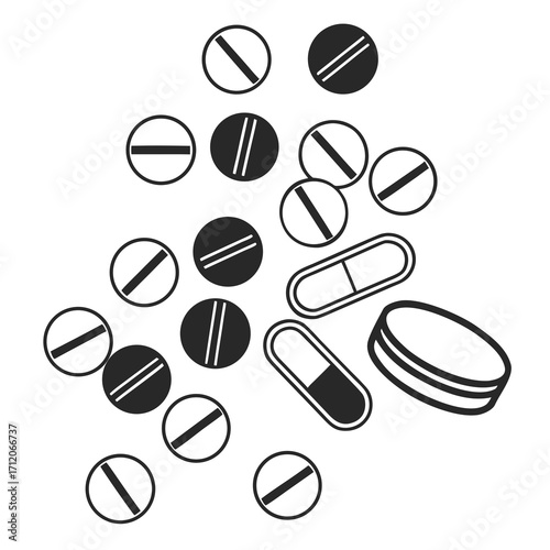 Collection of black and white medical pills and capsules scattered on a white background