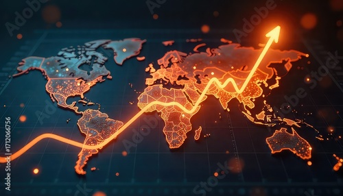Dynamic global economic growth visualized with vibrant upward trending line across illuminated world map, showcasing international finance and progress.