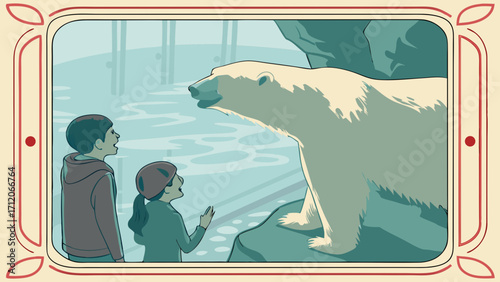 Children admiring a polar bear in a zoo enclosure illustration retro style.