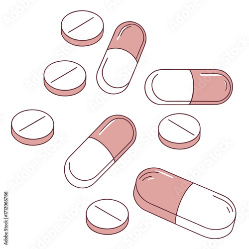 Collection of pink and white pills and capsules scattered on a white background