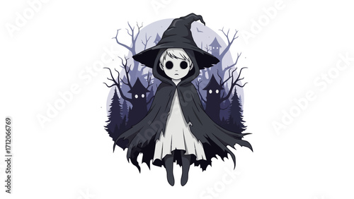 Mysterious Little Witch: A whimsical, cartoonish rendering of a young witch stands mysteriously before a spooky haunted forest. An illustration crafted to conjure eerie fascination.