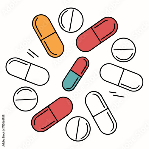 Colorful and outline medical pills and capsules scattered in a circular pattern on white background