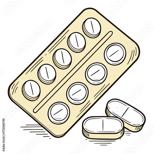 Hand drawn illustration of a blister pack of white pills and loose tablets on a white background