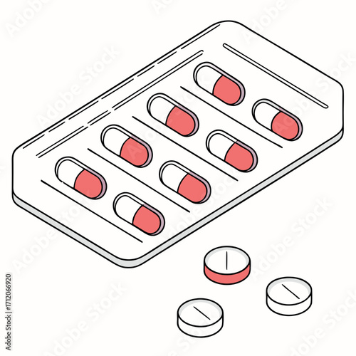 Isometric illustration of a blister pack of red and white capsules and loose tablets