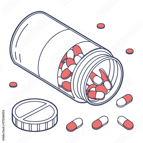 Isometric illustration of an open pill bottle spilling out red and white capsules and tablets on a white background