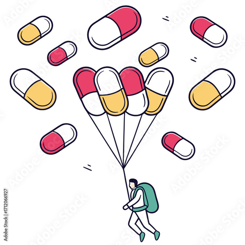 Man parachuting with pills as a parachute surrounded by falling pills concept of medicine and healthcare