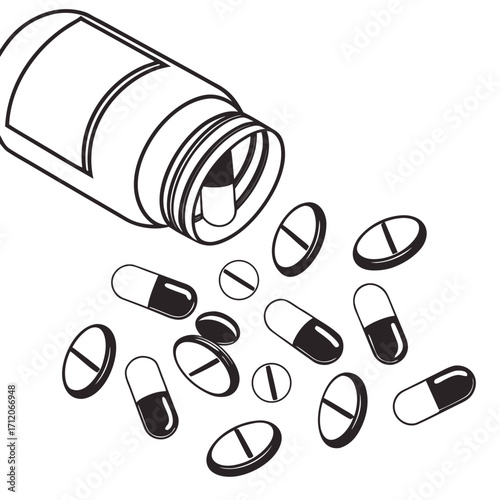 Medical bottle spilling out capsules and round pills in a simple black and white illustration