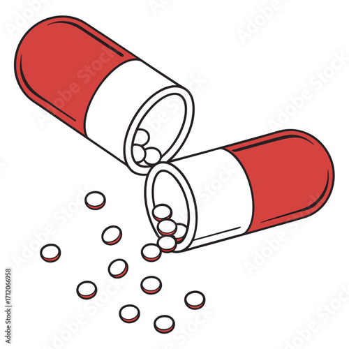 Open red and white capsule spilling small white pills onto a white background