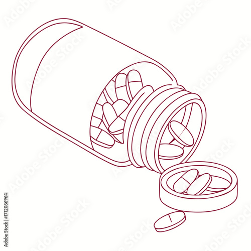 Outline drawing of a prescription bottle tipped over with pills spilling out onto the cap and surface