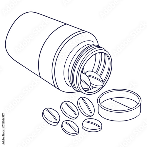 Outline illustration of an open pill bottle with several pills spilling out onto a white background