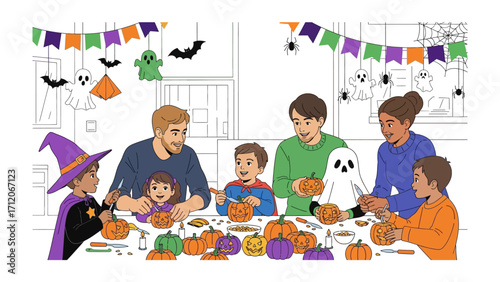 Halloween Gathering: A diverse family creates and celebrates Halloween by carving pumpkins, embracing the festive spirit and creating delightful decorations.