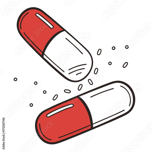 Two red and white capsules falling apart releasing small particles against white background