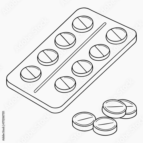 A blister pack of round pills with a dividing line and loose pills scattered nearby