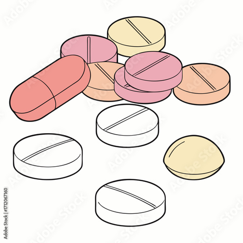 A colorful assortment of round and oval pills and tablets with dividing lines on a white background