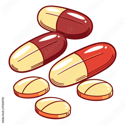 A collection of red and yellow capsules and pills scattered on a white background