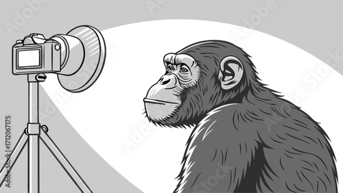 Chimpanzee Photo Shoot Studio Portrait Ape Photography Wildlife Illustration Monochrome Animal Image.
