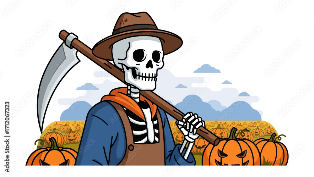 Naklejka premium Spooky Harvester: A skeletal figure, clad in a weathered hat and overalls, stands as a macabre reaper, overlooking a field of jack-o'-lanterns on a windswept autumn day. 