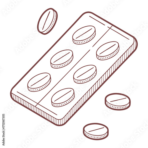 Hand drawn illustration of a blister pack of oval pills with loose pills scattered around on a white background