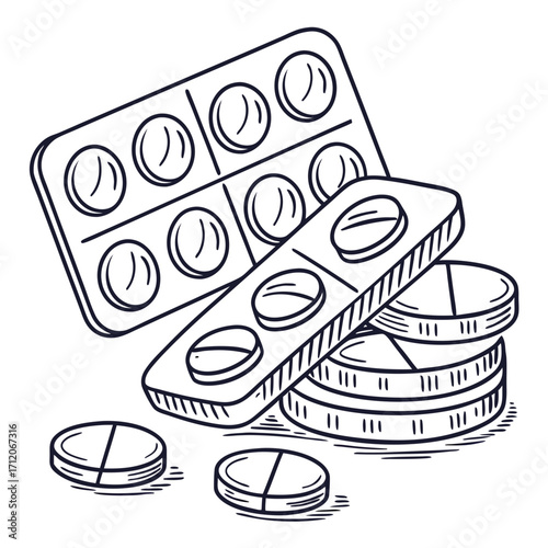 Hand drawn sketch of blister packs and loose pills representing medication and healthcare concepts