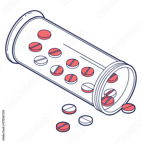 Illustration of a clear prescription bottle tipped over spilling red and white pills onto a white background