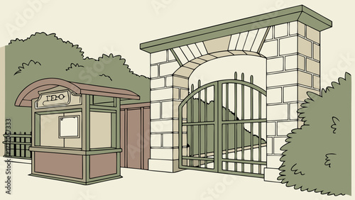 Entrance gate to a park or garden with a ticket booth.