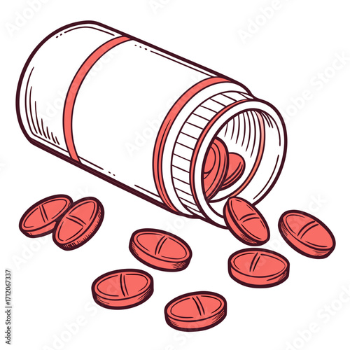 Illustration of a pill bottle tipped over with red oval shaped pills spilling out onto a white background