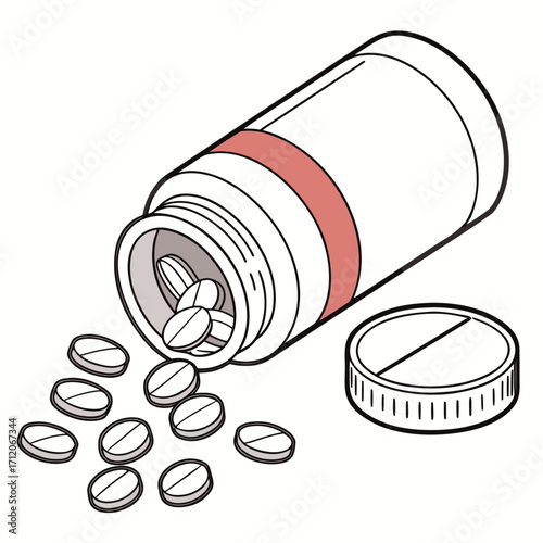 Illustration of a pill bottle tipped over with white tablets spilling out onto a white background