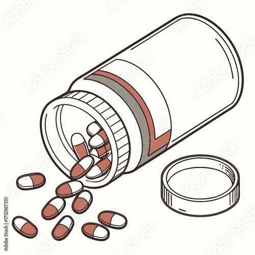 Illustration of a white prescription bottle tipped over with red and white capsules spilling out onto a white background